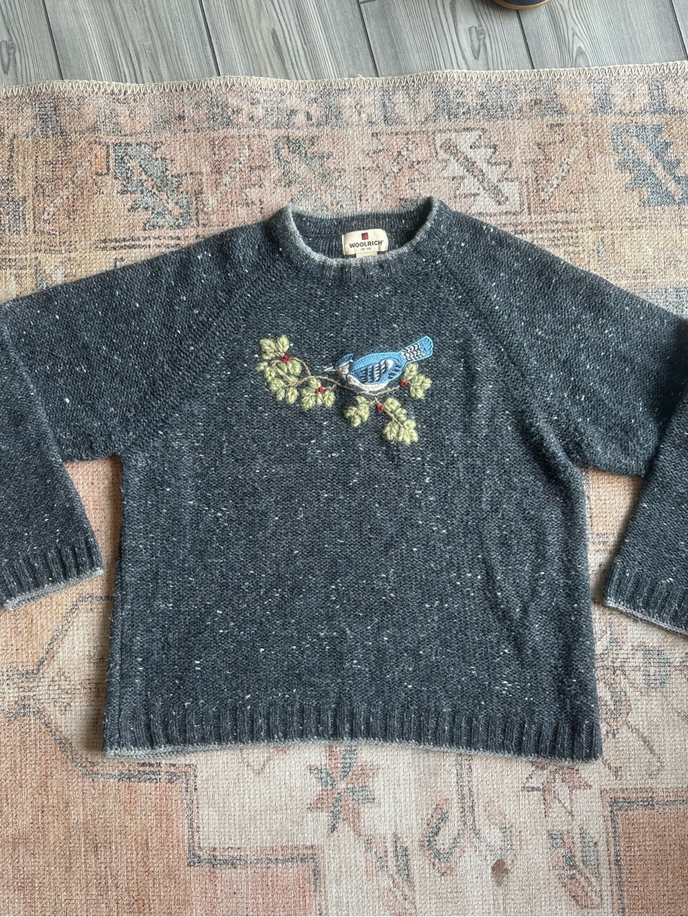 Woolrich Dark Gray Speckled Crewneck Sweater with Blue Bird Embroidery